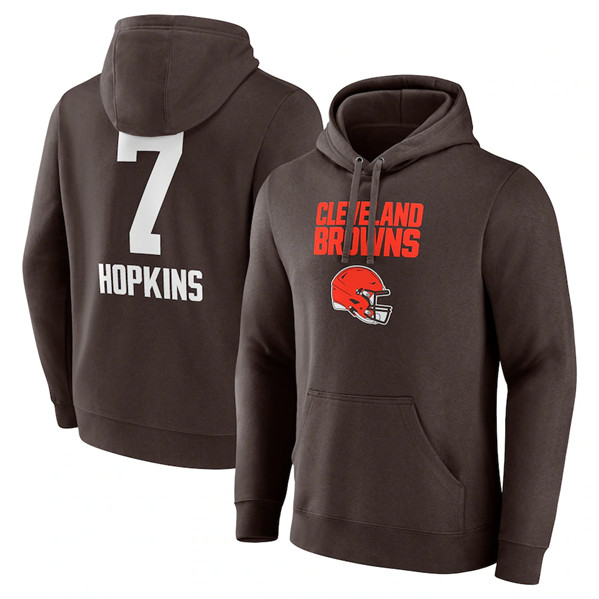 Men's Cleveland Browns #7 Dustin Hopkins Brown Team Wordmark Player Name & Number Pullover Hoodie - Click Image to Close